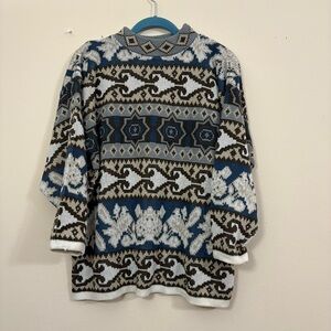 Erika geometric sweater woman’s L Nordic patterned knit blue brown vintage